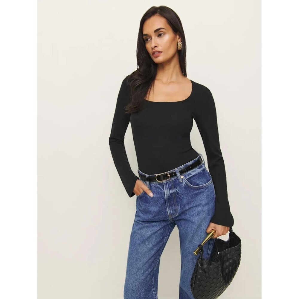 Reformation Women Devon Knit Top Lond Sleeve Black Small A000777